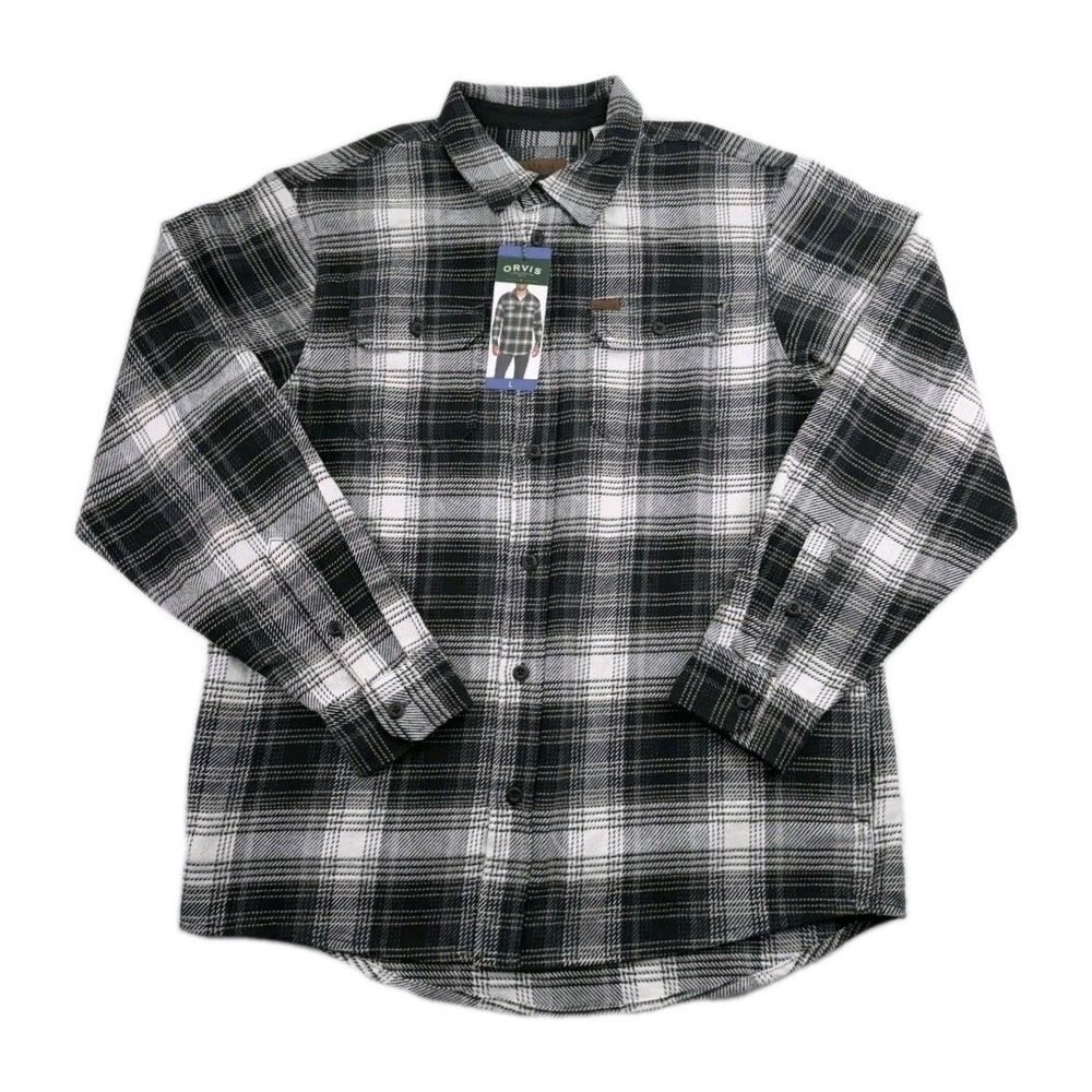 Orvis Men's L Big Bear Flannel Heavyweight Button Up Shirt 100% Cotton Gray NWT